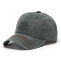 Close-up of vintage washed green baseball cap with RR patch and side embroidery detail - Washed Dark Green (F)
