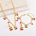 Sweet cherry jewelry set with red enamel pendants on gold chain necklace and bracelet - Necklace + Bracelet + Earrings