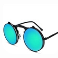 Steampunk round flip-up sunglasses with matte black frames and green mirrored lenses - Black Frame Green Mirror (C8)