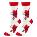 White crew socks with red accents and Happy Valentine's Day heart print for lovers - Cupid's Sword