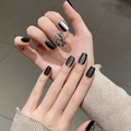Short press-on nails in black-grey cat eye finish with a silver butterfly ring - By1719 Tianxiang Guose / Phototherapy Glue Style