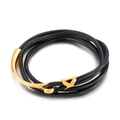 Pulsera de cuero negro de doble vuelta con un cierre de anzuelo en acero inoxidable dorado - Estilo Gancho de Pesca Dorado (KB62358-BD)