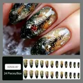 Forest art almond fake nails set with 24 pieces and rhinestones for French manicure - Jelly Glue Type / DZ630-B7 Dark Starry Sky