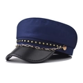 Close-up of military cap featuring gold metal chain and star rivets on leather brim - M (56-58cm) / Navy Blue With Gold Star Chain