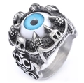 Bague punk gothique avec œil bleu et détails de crânes en acier inoxydable - US 7 / Bleu