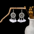 Bohemian style tassel earrings featuring silver metal filigree and white chiffon flowers - E5938-4 White Chiffon Tassel