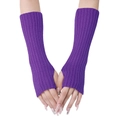 Purple ribbed knit long fingerless gloves with thumb hole for winter warmth - Purple