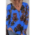 Detail van de rits V-hals en bloemenprint op koningsblauwe damestop met lange mouwen - S / Tops / Blauw