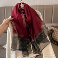 Detail of silk scarf with burgundy fabric, gold stripes, mesh trim, and pearl embellishments - Wine Red With Black Edge