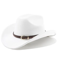 Detail of white wide-brim western hat featuring dark brown braided leather and gold buckle - M (56-58cm) / Pure White