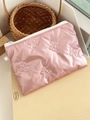 Close-up of pink quilted bow embossed storage pouch with white zipper detail - Pink (No Charm)