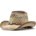 Handwoven western cowboy straw hat with turquoise beads and brown leather trim decoration - Adjustable / Beige Coffee