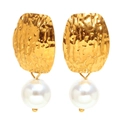 Retro 18K gold plated striped earrings with hammered texture and white pearls - Hammered Texture Pearl Stud Earrings / Gold
