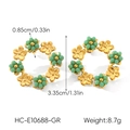 Detailed view of gold flower earrings with green beads, size 3.35cm and weight 8.7g - Green Bead Gold Wreath Style (HC-E10688-GR)