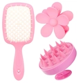 Pink hair care set with vented cushion brush, flower claw clip and scalp massage brush - 3-Piece Set (Cushion Brush + Claw Clip + Scalp Brush) / Pink White
