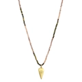 Detail view of Bohemian tourmaline stone beaded necklace with a golden evil eye heart pendant - Pink/Brown/Olive Green