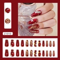 Festive red press-on nails set with 3D rhinestones and gold luck charms in long coffin shape - Fortune Fingertips (Z1010) / With Glue Style