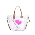 Borsa tote trapuntata bianca con cuori olografici rosa, manici marroni e mini pochette - Bianco