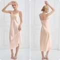 Elegant champagne satin long slip dress with delicate lace V-neckline for women - Champagne Pink