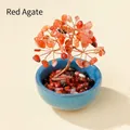 Handmade red agate crystal money tree in a blue ceramic bowl with copper wire branches - Red Agate (Blue Ceramic Cup)