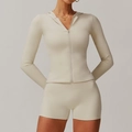 Three-piece yoga set in cream white with a zip-up hooded jacket and high waist shorts - S / Top And Bottom / Oat Apricot