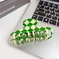 Green and cream checkered pattern hair claw clip in large size for long hair styling - 9.5CM / Green & Beige Checkerboard