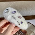 Detail of white faux fur hair clip with sparkling rhinestones and a heart love charm - Hair Clip / Cream White Rhinestone BB Clip