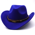 Close-up of royal blue felt cowboy hat featuring ethnic band and gold leaf metal detail - M (56-58cm) / Sapphire Blue