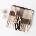 Brown and beige checkered mohair scarf with fringe tassels on minimalist white background - 45x200+10x2cm / Brown Grid