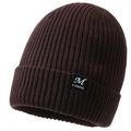 Men's dark brown ribbed knit beanie with a stylish side logo patch for winter warmth - Coffee