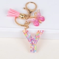 Letter Y resin keychain with colorful sequins, pink tassel and butterfly charm - Letter Y