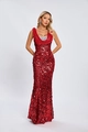 Elegante abito da sera rosso con paillettes, scollo all'americana e linea a sirena - S / Rosso