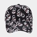 Close-up of the detailed red-eyed skull print on a black streetwear baseball cap - Black Red Eye Skull Style