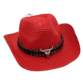 Detail view of woven straw cowboy hat featuring metal bull skull ornament and vintage jacquard band - Red