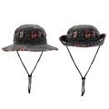 Detail of dark gray cotton bucket hat with colorful ethnic pattern trim and windproof cord - One Size / Black