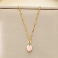 Detailed view of a gold stainless steel necklace with a pink peach oil-drip pendant - Pink Peach Style (KN292111-Z)