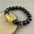 Obsidian style bracelet with golden Pixiu and Six-Syllable Mantra beads on wood - 12mm Six-Syllable Mantra Pixiu