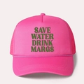 Detailed front view of pink trucker hat with Save Water Drink Margs slogan print - All Rose Red