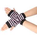 Pink and black striped knitted fingerless gloves worn by hands in a crossed pose - One Size / Pink Black Stripe