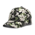 Detailansicht der Blumenstickerei auf schwarzer Baseballkappe mit weißen Blüten - Schwarz Weiß Grün Blumig (B)
