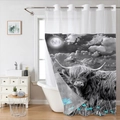 Detail von Waffel-Duschvorhang mit Hochlandrinder-Print und blauen Blumen - 181x188cm (Doppellagig/Hakenloser Ring) / Mondschein S/W Rind mit blauen Blumen