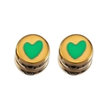 Golden round beads with green heart enamel pendants for DIY jewelry making - 5 Pcs/Pack / Green
