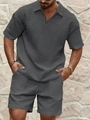 Detailed waffle texture of dark grey men's zipper polo shirt and casual shorts set - Dark Gray