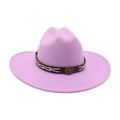 Lavender purple felt cowboy hat featuring a brown belt with a vintage bull head emblem - Taro Purple