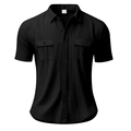 Macro detail of black linen shirt texture with double chest pockets and size XL tag - S / Black