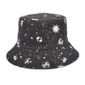 Detail of black cotton bucket hat with white zodiac, moon and sun celestial patterns - M (56-58cm) / Starry Sky