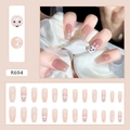 Nude pink press-on nails with cute white rabbit design and long coffin shape - R694 Cute White Rabbit