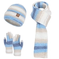 Winter knit set with blue and beige stripes including a beanie, scarf and gloves - Three-Piece Set / Blue