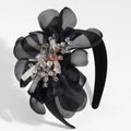Elegant black fabric headband featuring rhinestone mesh flowers on a clean white background - Black