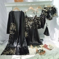 Black satin 5-piece pajama set with delicate yellow floral print and matching drawstring bag - S / Black Cherry
